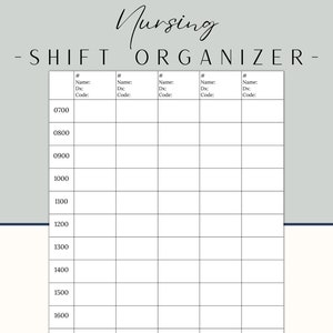 May include: A black and white printable nursing shift organizer with a grid layout. The organizer has columns for the nurse's name, diagnosis, and code. The organizer has rows for each hour of the day, starting at 0700 and ending at 1600.