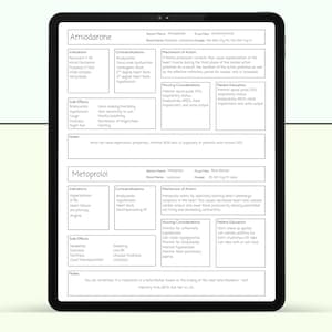 May include: A digital tablet displays a medical reference guide. The guide includes information on Amiodarone and Metoprolol, detailing indications, contraindications, side effects, and mechanisms of action. The screen is black with white text.