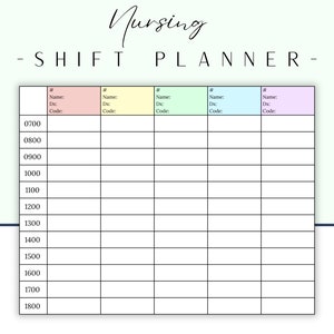 Peut inclure: Un planificateur d'horaires de travail pour infirmières imprimable avec un fond vert clair. Le planificateur a un titre qui dit "Nursing - SHIFT PLANNER -" et est divisé en cinq colonnes. Chaque colonne a un en-tête qui dit "Name:", "Dx:", et "Code:". Le planificateur a des lignes pour chaque heure de 07h00 à 18h00.