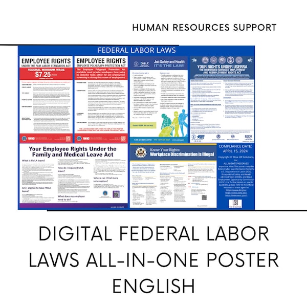 Poster zum Bundesarbeitsrecht 2024 | Elektronisches Arbeitsrechtsplakat für Remote-Mitarbeiter | All-In-One-Poster zum Arbeitsrecht – Englisch | Digitaler Arbeitsplatz