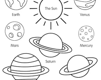 Hoja para colorear del sistema solar / Actividad espacial imprimible / PDF para aprender sobre los planetas para niños