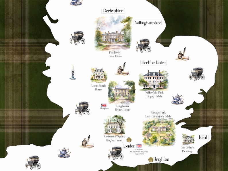 Pride and Prejudice Locations Map Poster 5 Sizes Etsy
