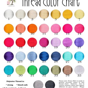 Color chart of available polyester thread colors.  Thirty-seven colors to choose from.