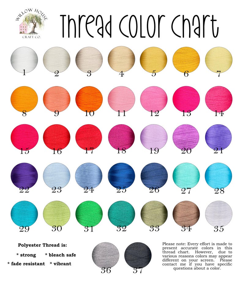 Color chart of available polyester thread colors.  Thirty-seven colors to choose from.