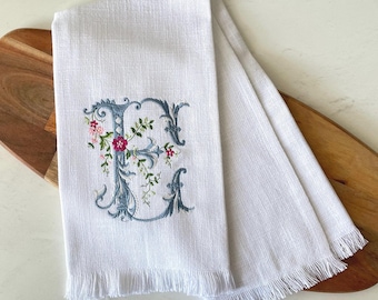 Monogram Embroidered Towel for Kitchen | Initial Floral Embroidery | Custom Tea Towel |  Personalized Housewarming Hostess Gift