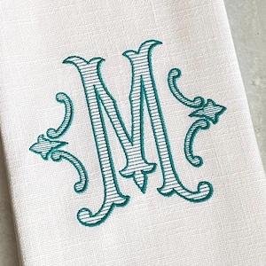 close-up of the striped version of the monogrammed initial personalized dish towel. Choose from solid or stripe monogram embroidery design.