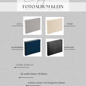 Op de afbeelding: Vier kleine fotoalbums met linnen kaften in grijs, beige, donkerblauw en antraciet. De tekst luidt FOTOALBUM KLEIN KATHA'S PLOTTERGL&Uuml;CK. Elk album meet 22x16 cm, bevat 36 witte pagina's, 18 vellen en pergamijn tussenbladen.
