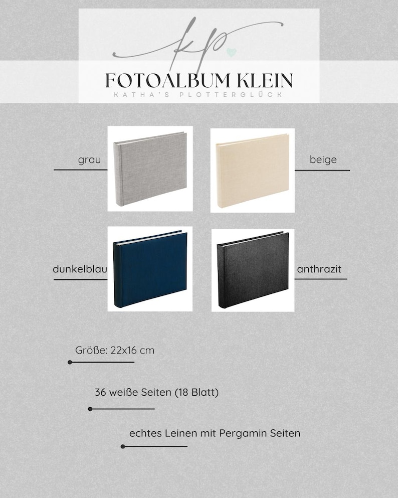 Op de afbeelding: Vier kleine fotoalbums met linnen kaften in grijs, beige, donkerblauw en antraciet. De tekst luidt FOTOALBUM KLEIN KATHA'S PLOTTERGL&Uuml;CK. Elk album meet 22x16 cm, bevat 36 witte pagina's, 18 vellen en pergamijn tussenbladen.