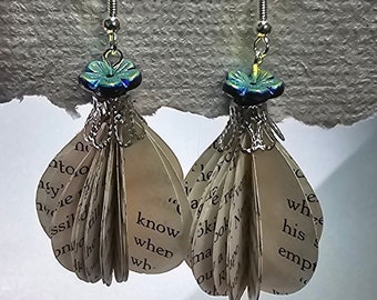 Festive Teardrop Book Page Earrings with Beads