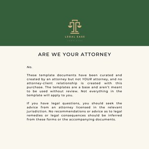 Op de afbeelding: Een groene achtergrond met een gouden weegschaallogo en de tekst "LEGAL EASE TEMPLATES". De tekst "ARE WE YOUR ATTORNEY" is in een groter lettertype. De tekst hieronder legt uit dat de sjablonen geen juridisch advies zijn en niet zonder beoordeling mogen worden gebruikt.