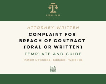 Breach of Contract | Attorney-Written | Pro Se Form | Editable Word Download | Complaint for Breach of Contract Template