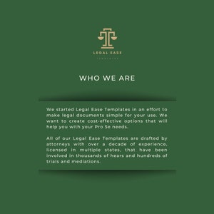 Op de afbeelding: Groene achtergrond met een gouden weegschaallogo en de tekst "LEGAL EASE TEMPLATES" boven de tekst "WHO WE ARE". De tekst hieronder legt uit dat Legal Ease Templates is gemaakt om juridische documenten te vereenvoudigen voor gebruikers en dat de sjablonen zijn opgesteld door advocaten met meer dan tien jaar ervaring.