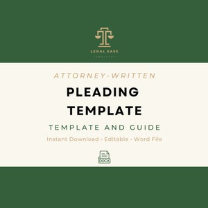May include: A green and white graphic with the text "ATTORNEY-WRITTEN PLEADING TEMPLATE TEMPLATE AND GUIDE Instant Download Editable Word File" and a scale of justice icon. The text "DOCX" is in a white box with a black border.