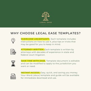 Op de afbeelding: Een afbeelding met een gele achtergrond en zwarte tekst die de voordelen van het gebruik van Legal Ease-sjablonen uitlegt. De voordelen zijn onder meer het overwinnen van onzekerheid, door advocaten geschreven, tijd besparen met gemak en directe toegang.