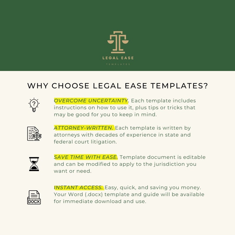 Op de afbeelding: Een afbeelding met een gele achtergrond en zwarte tekst die de voordelen van het gebruik van Legal Ease-sjablonen uitlegt. De voordelen zijn onder meer het overwinnen van onzekerheid, door advocaten geschreven, tijd besparen met gemak en directe toegang.