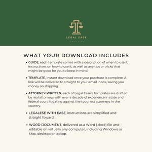 Op de afbeelding: Een groene en gouden afbeelding met de tekst "LEGAL EASE TEMPLATES" en een lijst met wat er in een download is inbegrepen. De lijst bevat een gids, een sjabloon, een door een advocaat geschreven document en een Word-document.