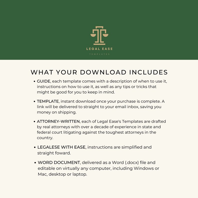 Op de afbeelding: Een groene en gouden afbeelding met de tekst "LEGAL EASE TEMPLATES" en een lijst met wat er in een download is inbegrepen. De lijst bevat een gids, een sjabloon, een door een advocaat geschreven document en een Word-document.