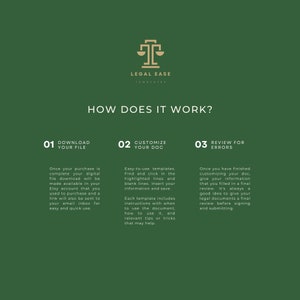 Op de afbeelding: Groene achtergrond met een gouden weegschaallogo en de tekst "Legal Ease Templates". De tekst "Hoe werkt het?" staat in grote witte letters. Drie stappen worden beschreven met nummers en tekst: 1. Download uw bestand, 2. Pas uw document aan en 3. Controleer op fouten. Elke stap bevat een korte beschrijving van het proces.
