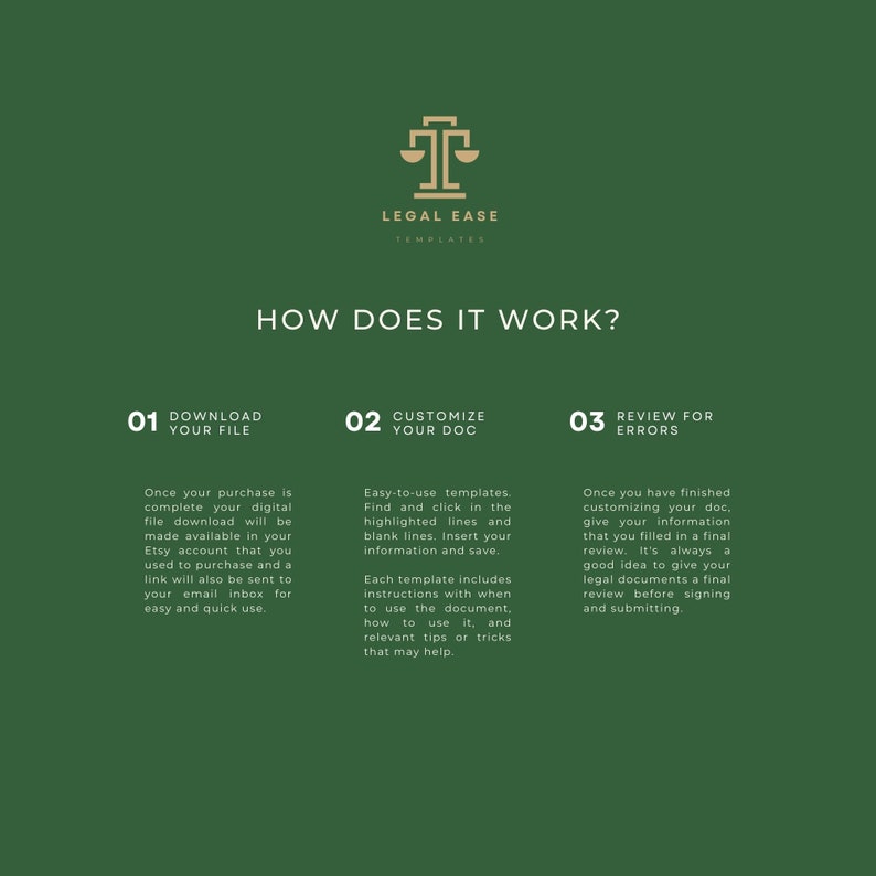 Op de afbeelding: Groene achtergrond met een gouden weegschaallogo en de tekst "Legal Ease Templates". De tekst "Hoe werkt het?" staat in grote witte letters. Drie stappen worden beschreven met nummers en tekst: 1. Download uw bestand, 2. Pas uw document aan en 3. Controleer op fouten. Elke stap bevat een korte beschrijving van het proces.