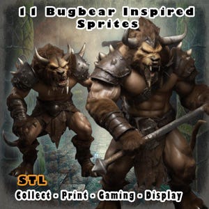 May include: Two 3D printed miniatures of bugbear warriors. The miniatures are detailed and feature a brown fur, sharp teeth, and horns. The miniatures are wearing armor and holding weapons. The miniatures are labeled "STL" and "Collect - Print - Gaming - Display".