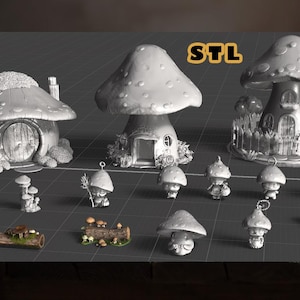 May include: A collection of whimsical mushroom-themed figurines and houses. The set includes a mushroom house with a round door, several mushroom-shaped dwellings, and miniature mushroom people. The word "STL" is visible in the image.