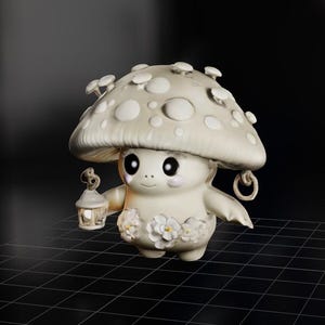 May include: A white mushroom-shaped figurine holding a small lantern. The figurine has a cute, cartoonish face and is wearing a flower-patterned dress.