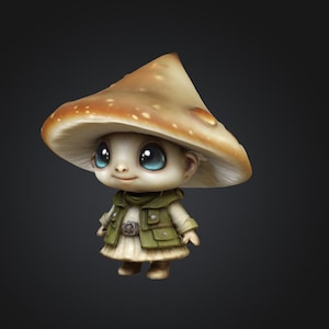 May include: A whimsical illustration of a mushroom-headed creature. It wears a green vest and scarf over a cream-colored outfit. The mushroom cap is tan with white spots, and the creature has large blue eyes.