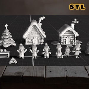 Cute Chibi Winter Village STL Pack - 3D Printable Christmas Kids Figurines, Snowy Cabins, Igloo, Tree - Digital Download