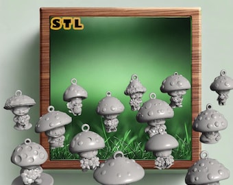 Paquete de amuletos de hadas de hongos imprimibles en 3D: 16 archivos STL de fantasía caprichosa para joyería, llaveros, decoración de jardín y miniaturas de D&D.