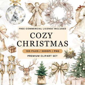 Watercolor Christmas Clipart Bundle, Cozy Christmas Clipart, Boho Christmas PNG, Ornaments Clipart, Christmas Wreath, Stocking