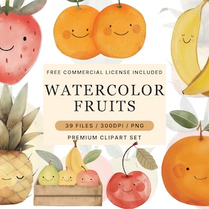 Cute Fruits Clipart, Cute Food, Kawaii Fruit Clipart, Cute Fruit Png, Transparent Png, Watercolor Cute Fruits Clipart, Summer Fruits Clipart
