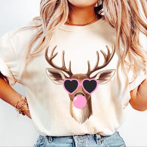 Deer blowing bubble png Deer PNG Deer Mascot Preppy PNG Preppy Mascot PNG black with pink heart glasses Shirt Sublimation