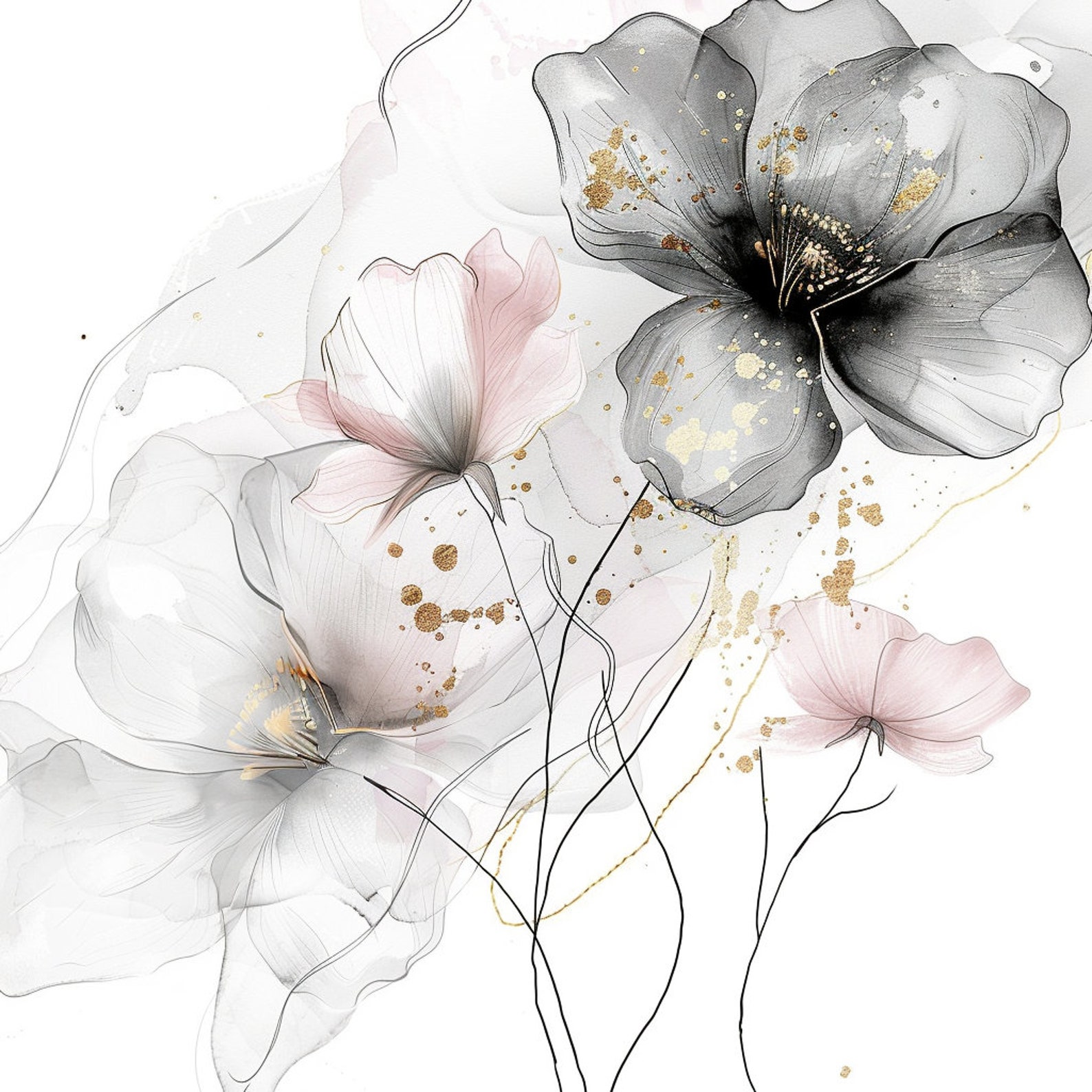 10 Pink and Grey Flowers Clipart, Floral Print, Printable Watercolor Clipart, High Quality Pngs ...