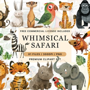 Clipart aquarelle pour usage commercial, animaux de safari mignons, baby shower, un anniversaire sauvage, chambre de bébé jungle, safari dans la jungle, décoration d'anniversaire jungle