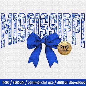 Mississippi State Blue Toile Floral Coquette Bow PNG Trendy Girly Shirt Design Coquette Bow State Shirt Design Dtf Dtg Sublimation