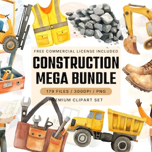 Clipart construction, clipart aquarelle pour enfants construction, bulldozer, camion, décoration de fête d'anniversaire d'enfants, fête de construction d'art pour chambre d'enfant