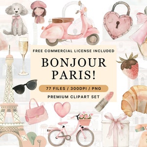 Imágenes Prediseñadas de acuarela de París, Bonjour París PNG, Torre Eiffel PNG, Imágenes Prediseñadas de viaje, Imágenes Prediseñadas de París Francia, Ilustraciones rosas de París, Moda