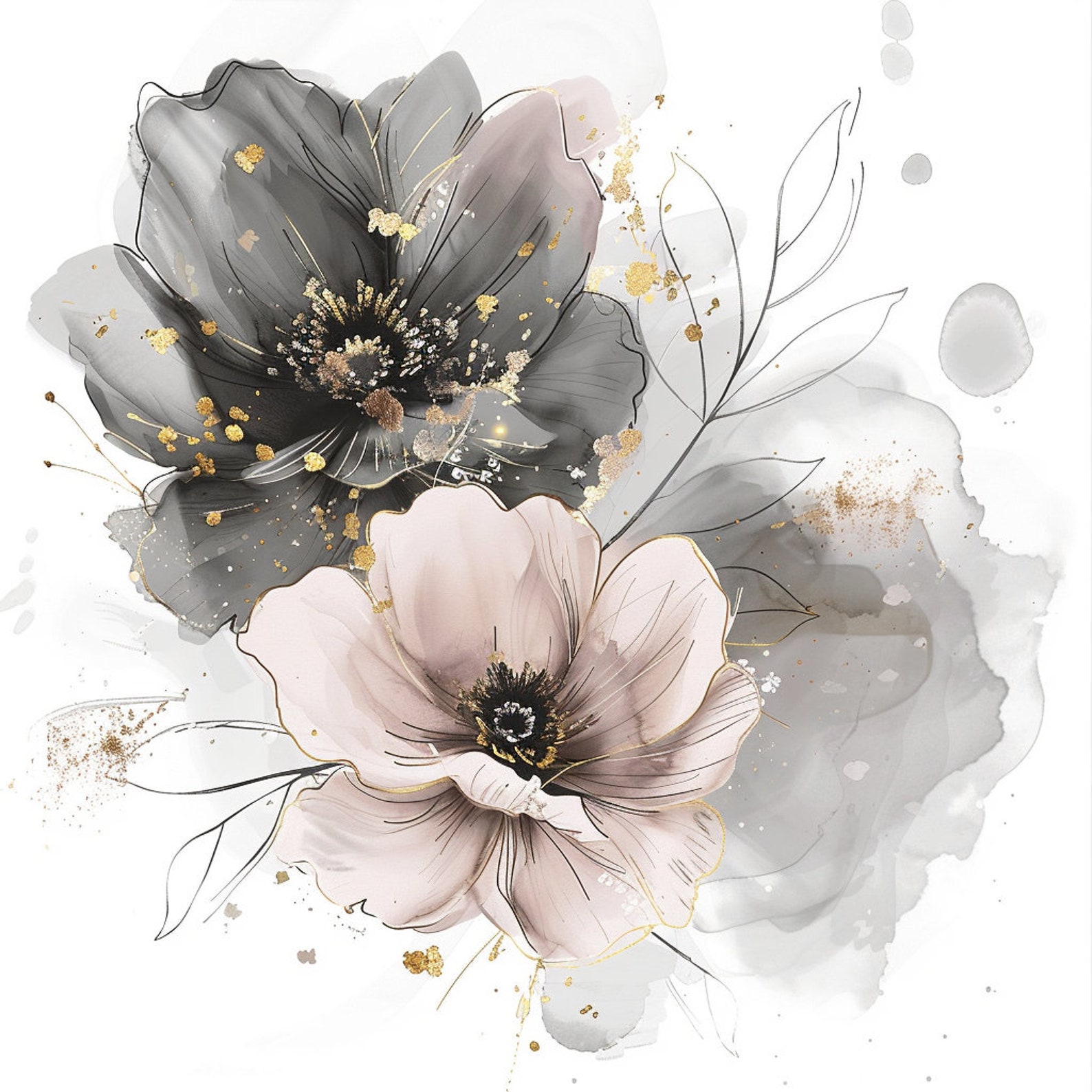 10 Pink and Grey Flowers Clipart, Floral Print, Printable Watercolor Clipart, High Quality Pngs ...
