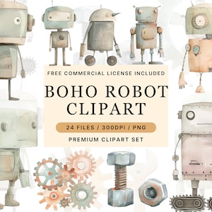 Cute Robot Watercolor Clip Art, Commercial Use, Transparent PNGs, Childrens Printables, Graphics and Illustrations for Party Invitations