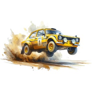 Pacote de 12 carros de rally amarelos PNG, PNG de alta qualidade, PNG transparente de carros de rally, Clipart de rally, Arte de parede de carros de rally PNG de sublimação de carros comerciais