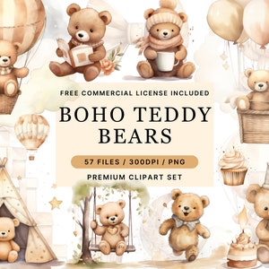 Clipart aquarelle bohème neutre ours en peluche, nounours tenant des ballons, faire-part de baby shower neutre entre les sexes, usage commercial, PNG transparent