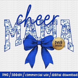 Cheer Mom Floral Toile Blue Water Color Coquette Bow Png, Cheerleader Mama Png, Cheerleading Png Distressed Cheer Png, Cheer Mom Varsity Png