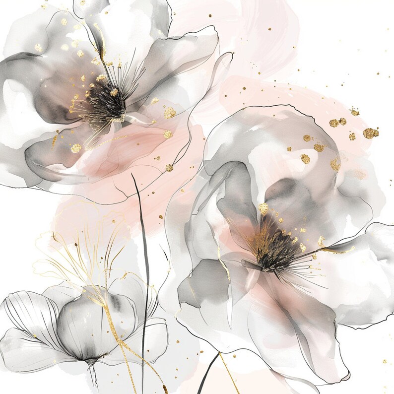 10 Pink and Grey Flowers Clipart, Floral Print, Printable Watercolor Clipart, High Quality Pngs ...
