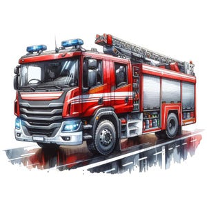Feuerwehrauto Clipart Bundle - 11 hochwertige PNGS - Wandkunst - Rettungsfahrzeug Kunst - Digitaldrucke - Aquarell - Kommerzielle Nutzung