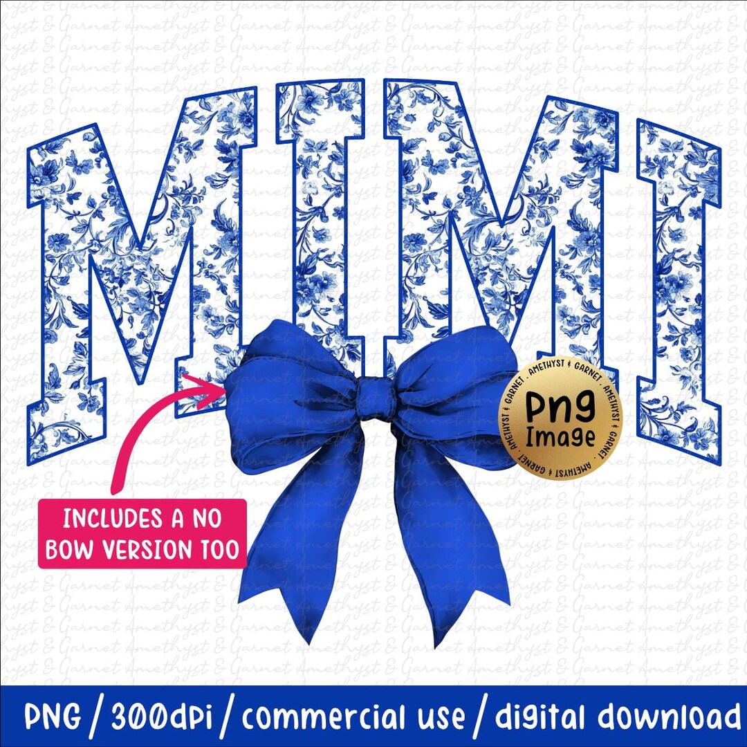Floral Mimi PNG, Coquette Mimi PNG, Blue Bow Mimi DTF, Chinoiserie Mimi ...