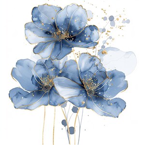14 Clipart di fiori blu, stampa floreale blu, clipart acquerello stampabile, PNG di alta qualità, download digitale, artigianato con la carta, diario spazzatura