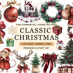 Classic Christmas Watercolor Christmas Clipart Classic Christmas PNG Red Christmas Ornaments Clipart Christmas Wreath Magic of Christmas