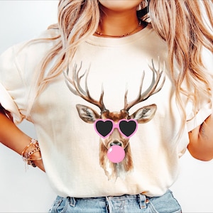 Deer blowing bubble png Deer PNG Deer Mascot Preppy PNG Preppy Mascot PNG black with pink heart glasses Shirt Sublimation