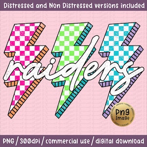 Raiders Lightning Checkered Png Retro Raiders Sublimation Game Day Png Raiders Shirt Raiders Mascot Png Neon Raiders DTF DTG varsity