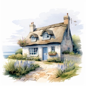 Leuke serene Cottage Clipart aquarel graphics - afdrukbare PNG-bestanden voor commercieel gebruik transparante achtergrond - Papercraft, kaarten